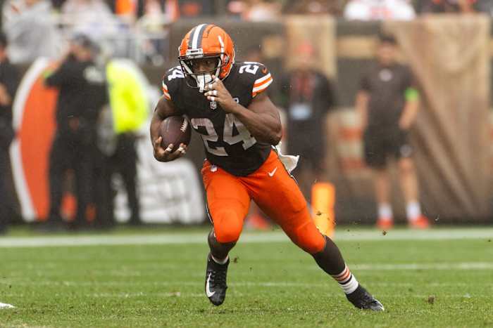 Sep 10, 2023; Cleveland, Ohio, USA; Cleveland Browns running back Nick Chubb (24) runs the ball against the Cincinnati Bengals during the third quarter at Cleveland Browns Stadium.